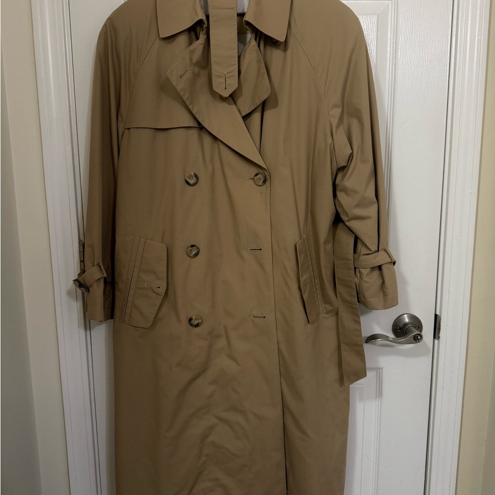 London Fog Tan Trench Coat with Belt and Wide Lapels
